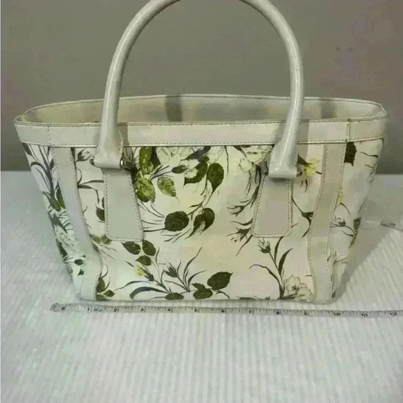 Ann Taylor floral cream ivory white canvas leather handbag green yellow ecru